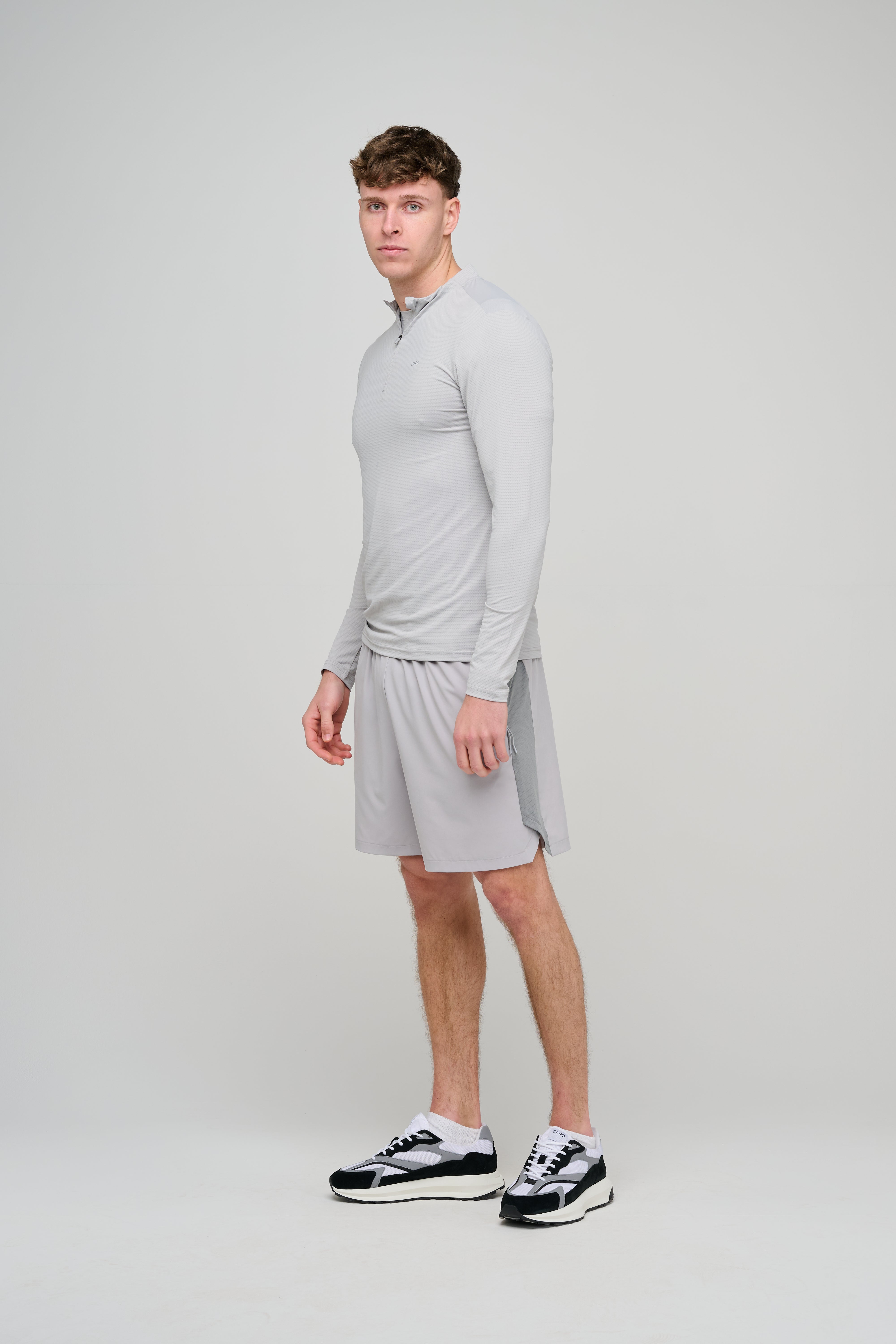 Model view of CAPO Active Performance Light Grey Shorts